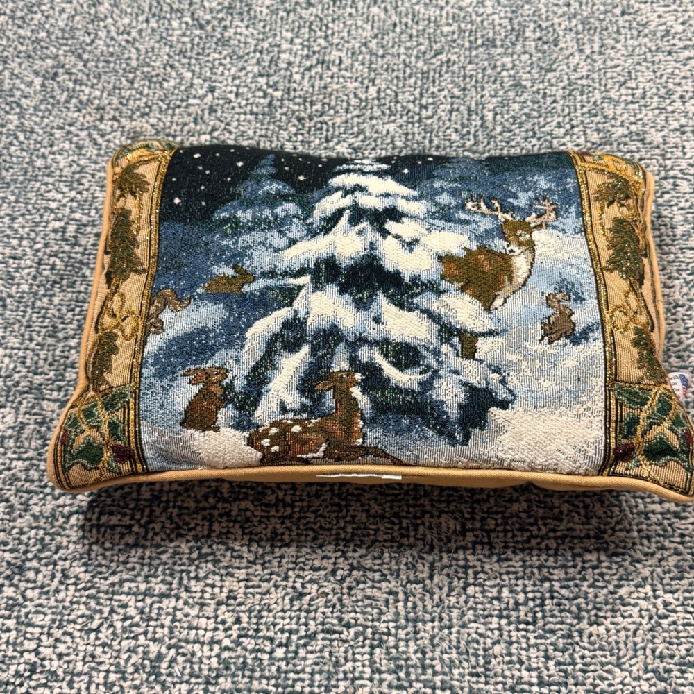 Riverdale Woven Tapestry Winter Forest Deer Rabbit Accent Pillow Made in USA